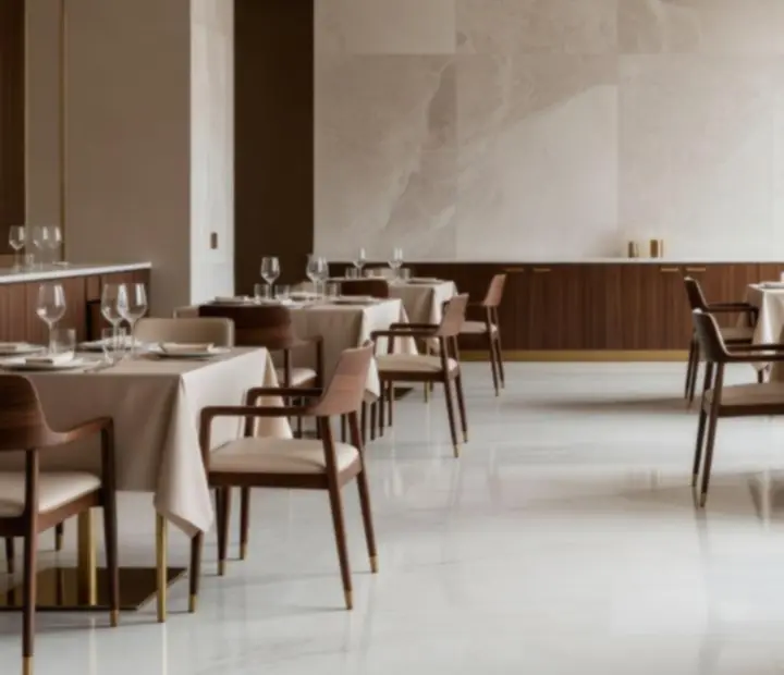 Elegáns fine dining étterem belső tere márvány asztalokkal